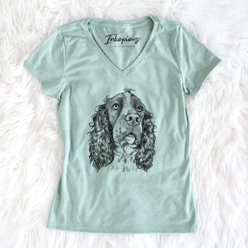 Bare Millie Mae the English Springer Spaniel - Women's V-neck Shirt-- Beaded Sequined Faux Fur