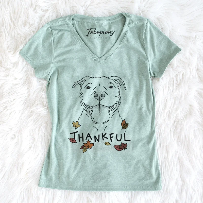 Thankful Wafer the Staffordshire Bull Terrier - Women's V-neck Shirt-- Chenille Blend Fleece Blend Nylon Blend Thankful Wafer the Staffordshire Bull Terrier - Women's V-neck Shirt-- Chenille Blend Fleece Blend Nylon Blend