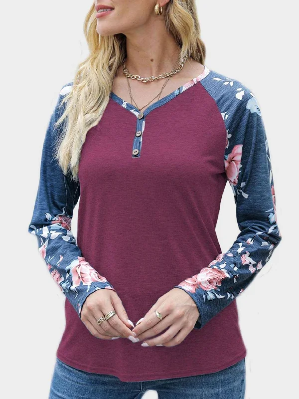 Blue Zone Planet | V-Neck Floral Long Sleeve T-Shirt-- Spandex Blend Rayon Blend Denim Blend Blue Zone Planet | V-Neck Floral Long Sleeve T-Shirt-- Spandex Blend Rayon Blend Denim Blend