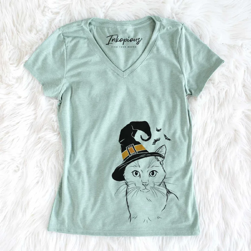 Witch Maverick the Cat - Women's V-neck Shirt-- Fleece Fabric Down Fabric Feather Fabric