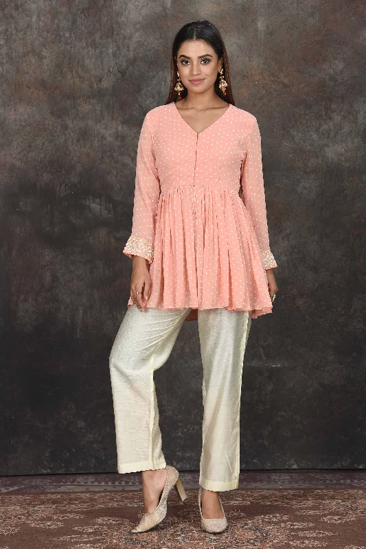 503227 Peach and Cream Bandhej Pant Suit Classic Cropped Pants