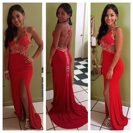 Sexy Red V Neck Backless Beading Long Party Dress with Slit,DP1926 Tunics Custom made Sexy Red V Neck Backless Beading Long Party Dress with Slit,DP1926 Tunics Custom made