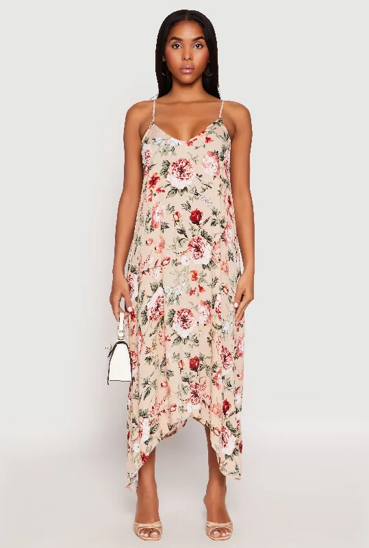 Floral Sharkbite Hem V Neck Dress Tunics Sophisticated sleek
