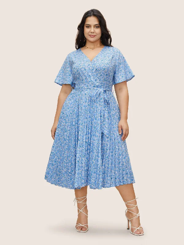 Ditsy Floral Overlapping Pleated Belted Dress Pencil Office Professional