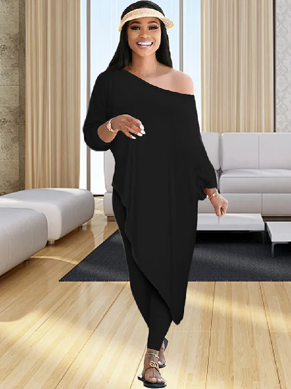 Plus Size Two Piece One Shoulder Top Long Pants Casual Skinny Fit Pants
