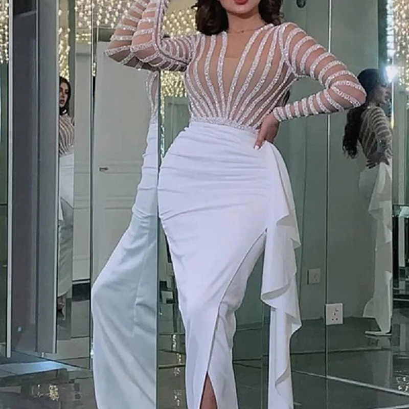 white beaded evening dresses long sleeve mermaid modest elegant sparkly arabic formal party dresses Tunics Evening elegant