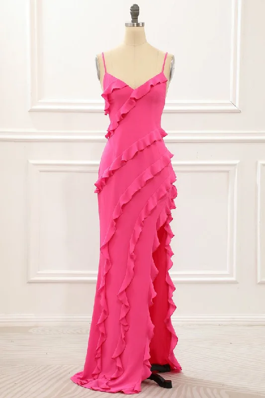 Hot Pink Straps Backless Ruffle Long Party Dress with Slit,DP1863 Tunics Sophisticated sleek Hot Pink Straps Backless Ruffle Long Party Dress with Slit,DP1863 Tunics Sophisticated sleek