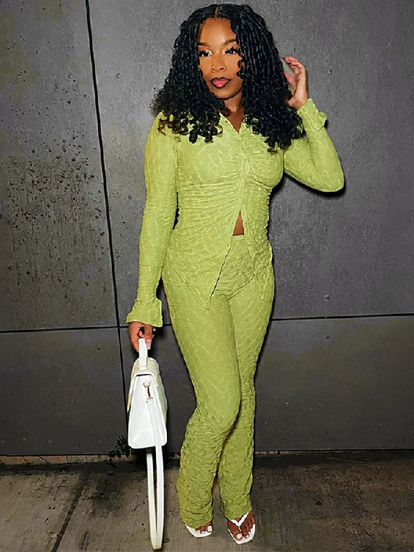 Jacquard Slim-Fit Long Sleeve Top and Pants Set Classic Bootcut Trousers