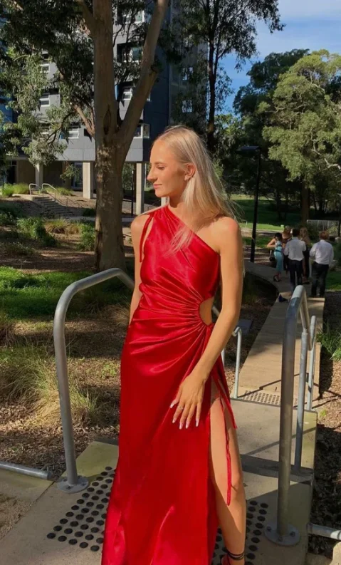 Red Satin One Shoulder Elegant Party Dress with Slit, DP2336 Tunics Leisure comfortable Red Satin One Shoulder Elegant Party Dress with Slit, DP2336 Tunics Leisure comfortable