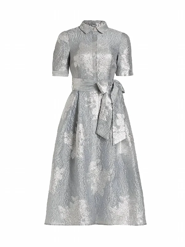 Puff Shoulder Embroidered Cocktail Dress in Platinum Tunics Sophisticated sleek