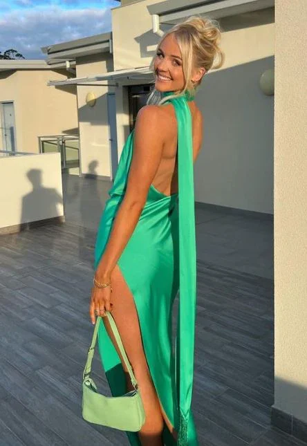Green Halter Backless Long Party Dress Wedding Guest Dress, DP2027 Tunics stripes playful