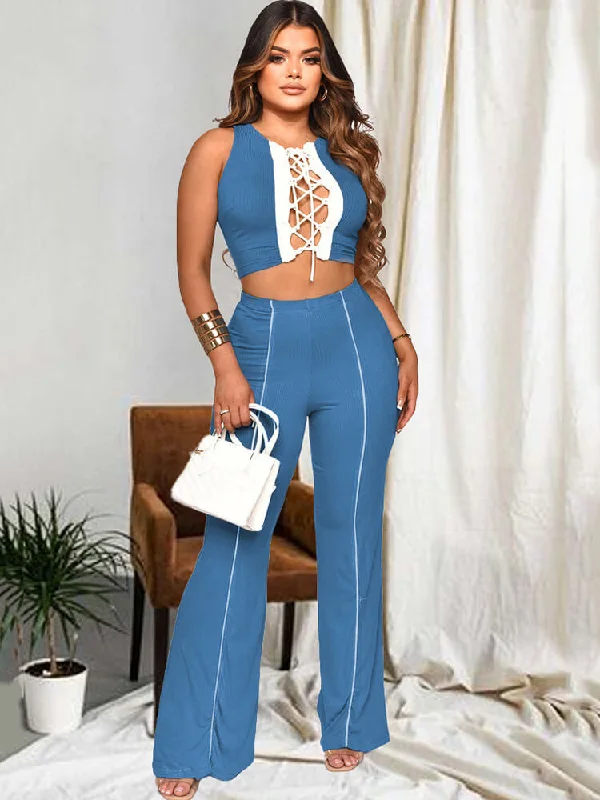 Two Piece Criss Cross Tops & Bodycon Pants Trendy Wide-Legged Trousers