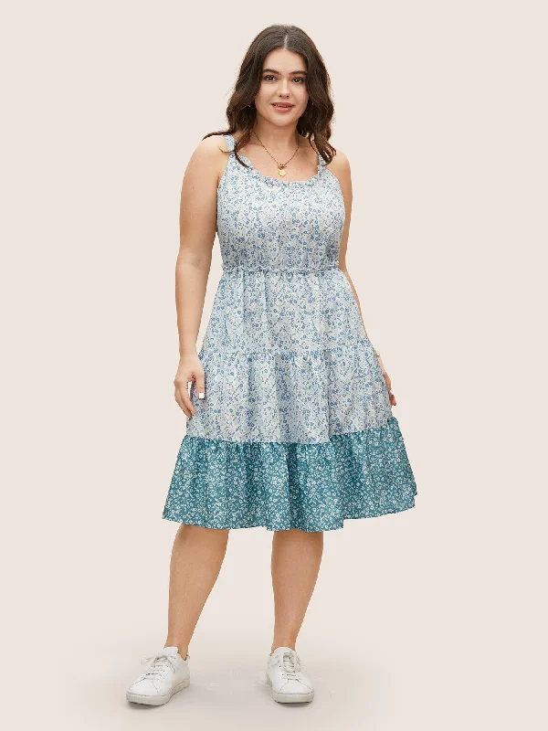 Ditsy Floral Patchwork Frill Trim Dress Tunics Print Colorful