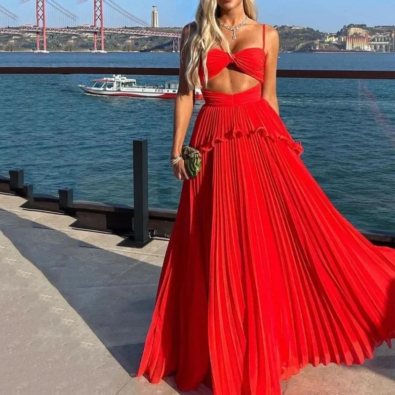 Summer Party Dress Sexy Sling Dress Solid Sleeveless Backless Prom Dress Long A-line Skirt Dresses  cc506 Tunics Versatile stylish