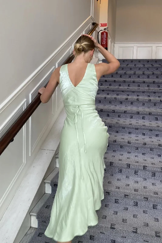 Sage Green V Neck Ankle Length Party Dress Wedding Guest Dress,DP1929 Tunics Handmade artisanal
