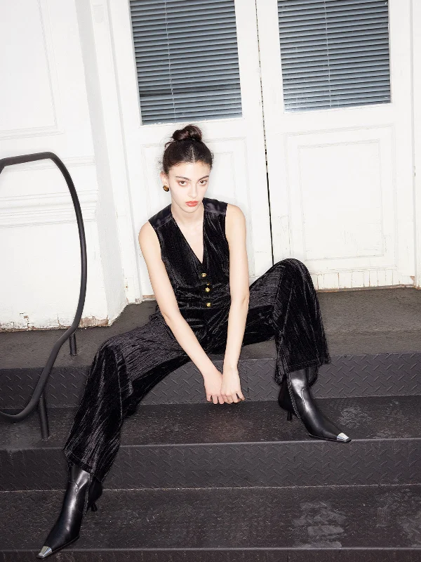 Embossed Velvet Elastic Waist Wide-Leg Pants Elegant Silk Pants