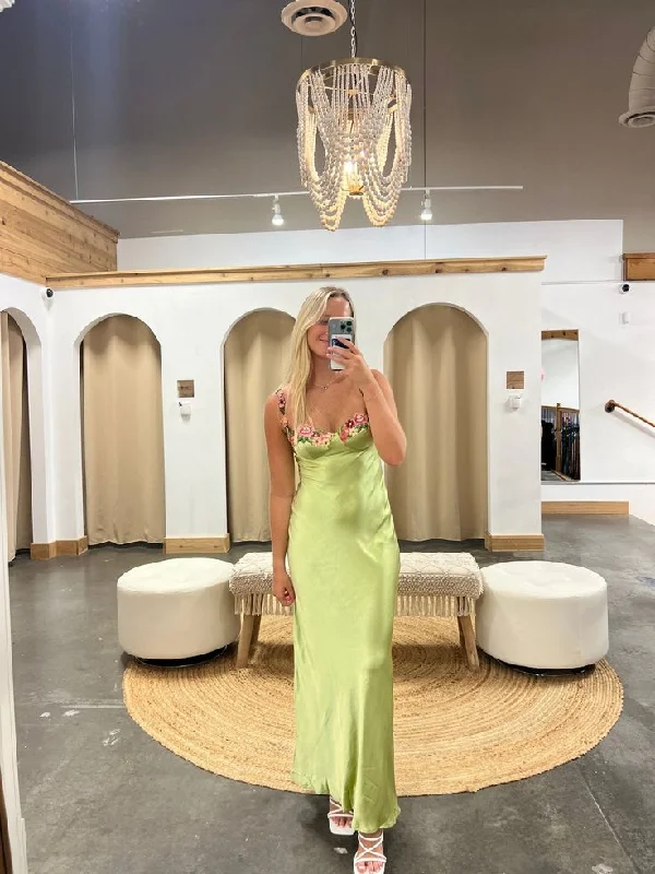 Green Spaghetti Straps Embroidery Long Party Dress,DP1844 Satin Halter Glamorous