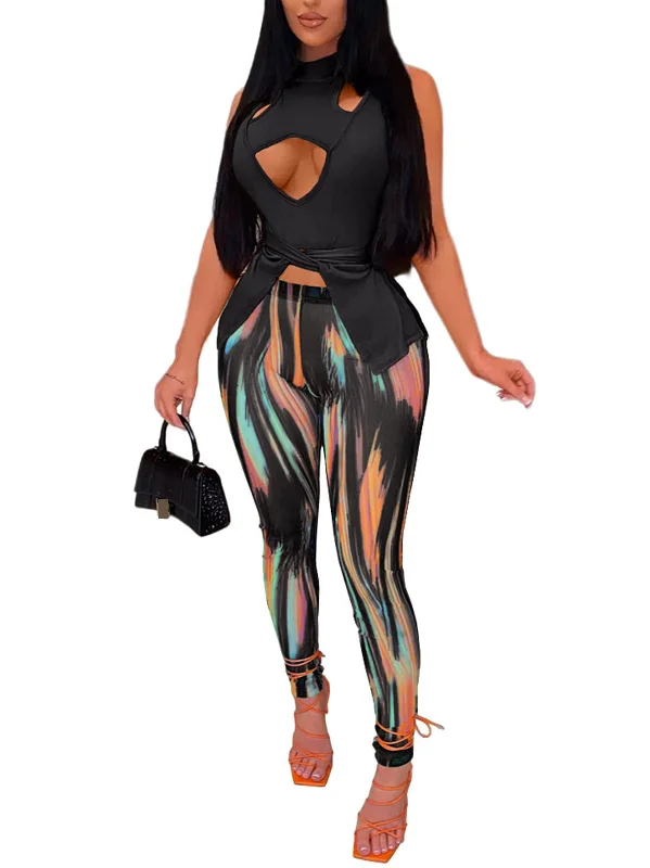 Two Piece Criss-Cross Tops + Print Pants Set Comfortable Maternity Pants