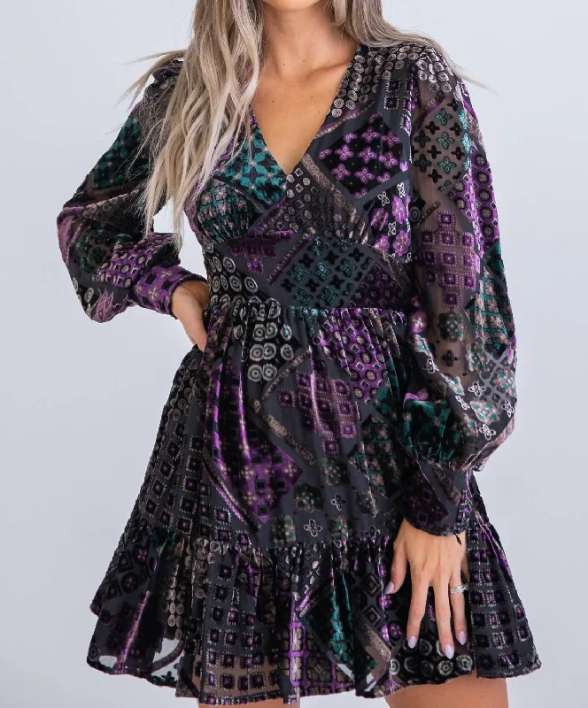 Geo Velvet Burn-Out Tier Dress in Black Tunics Leisure comfortable