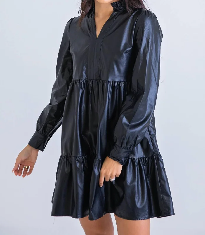 Solid Pleather Tier Dress in Black Tunics Stylish elegant