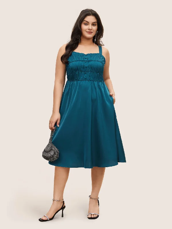 Satin Solid Gathered Button Detail Cami Dress Tunics Business professional
