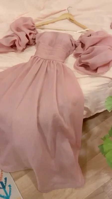 Retro Style A-line Dusty Pink Prom Dress,Puffy Sleeves Party Dress cc511 Tunics Favorite customer