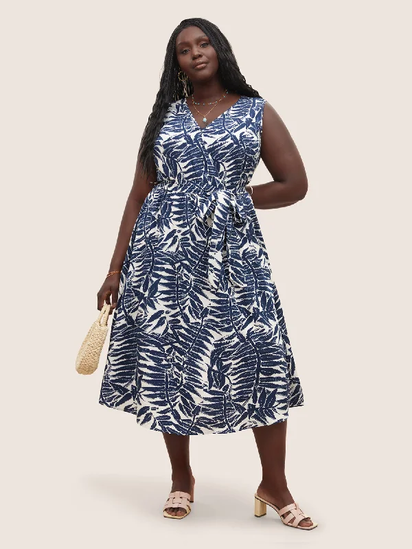 Plants Wrap Pocket Sleeveless Belted Dress Tunics Satin smooth
