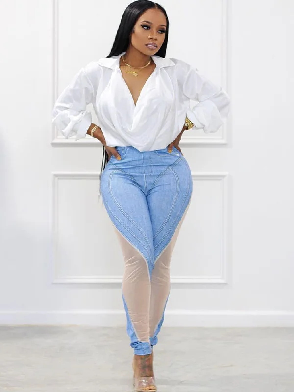 Mesh Patchwork Faux Denim Long Pants Slim-Fit Leggings