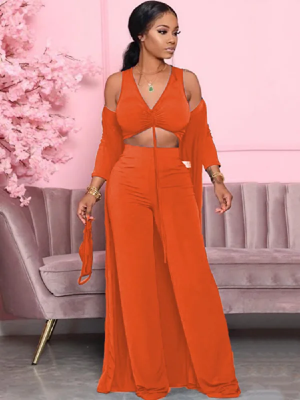 Three Piece Solid Color V Neck Pants Suit Stylish Casual Pants
