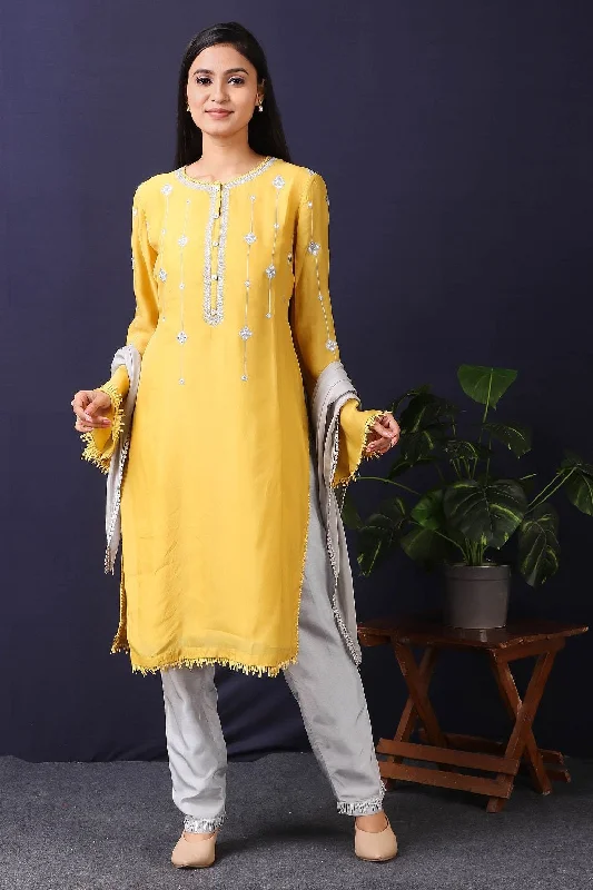 50Z430-RO Mustard-Grey Satin Organza Pakistani Kurta With Crepe Pant and Stole Formal Linen Trousers