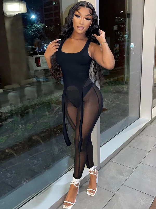 Two Piece Sleeveless Tops & Mesh Long Pants Relaxed High-Waist Trousers