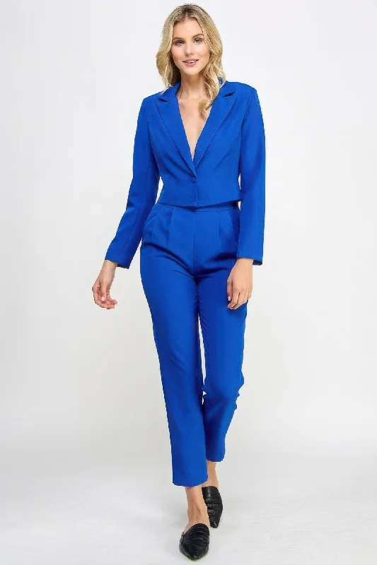 Single Button Crop Blazer With Tailored Pants Set Comfy Zip-Up Pants