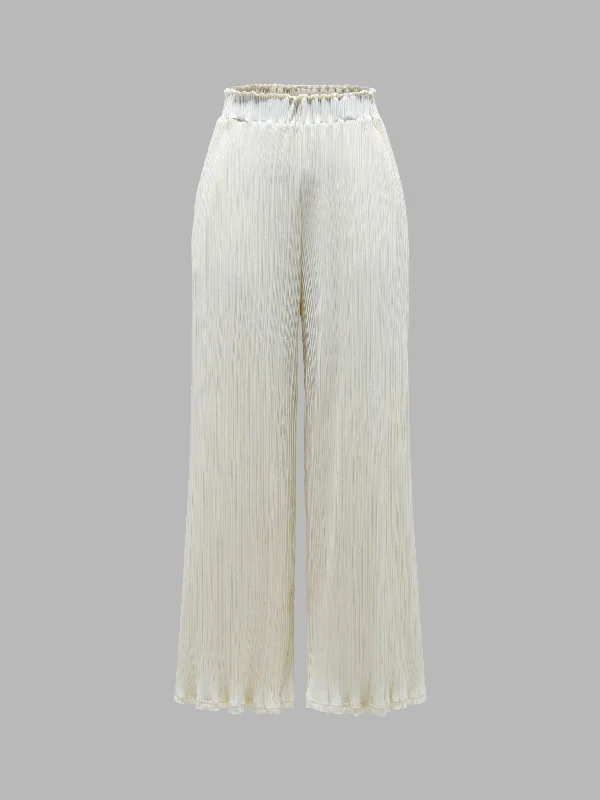 Comfy Elastic Waist Pleated Wide Leg Pants High-Waist Yoga Pants