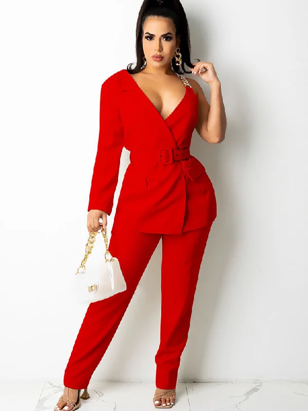 Two Piece One Shoulder Blazer Pants Suit Classic Flared Pants