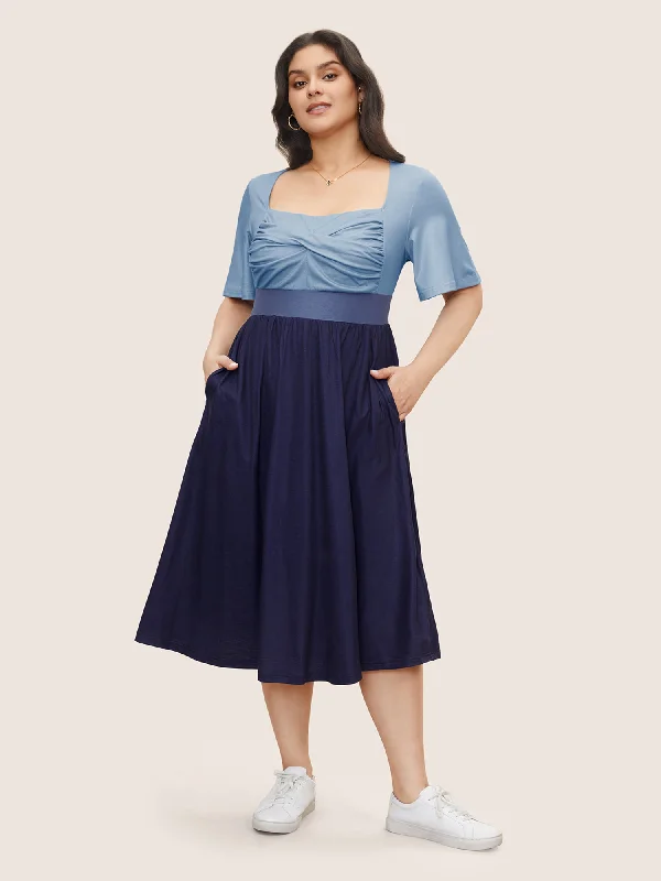 Square Neck Colorblock Contrast Twist Front Dress Boatneck Modish Everyday