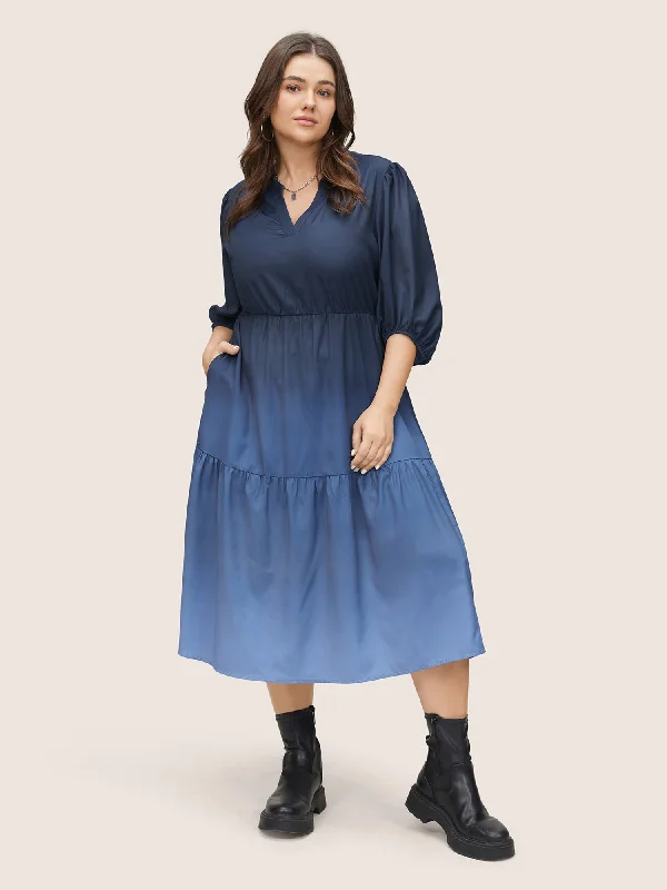 Ombre Gathered Layered Notched Elastic Cuffs Dress Boatneck Modish Everyday