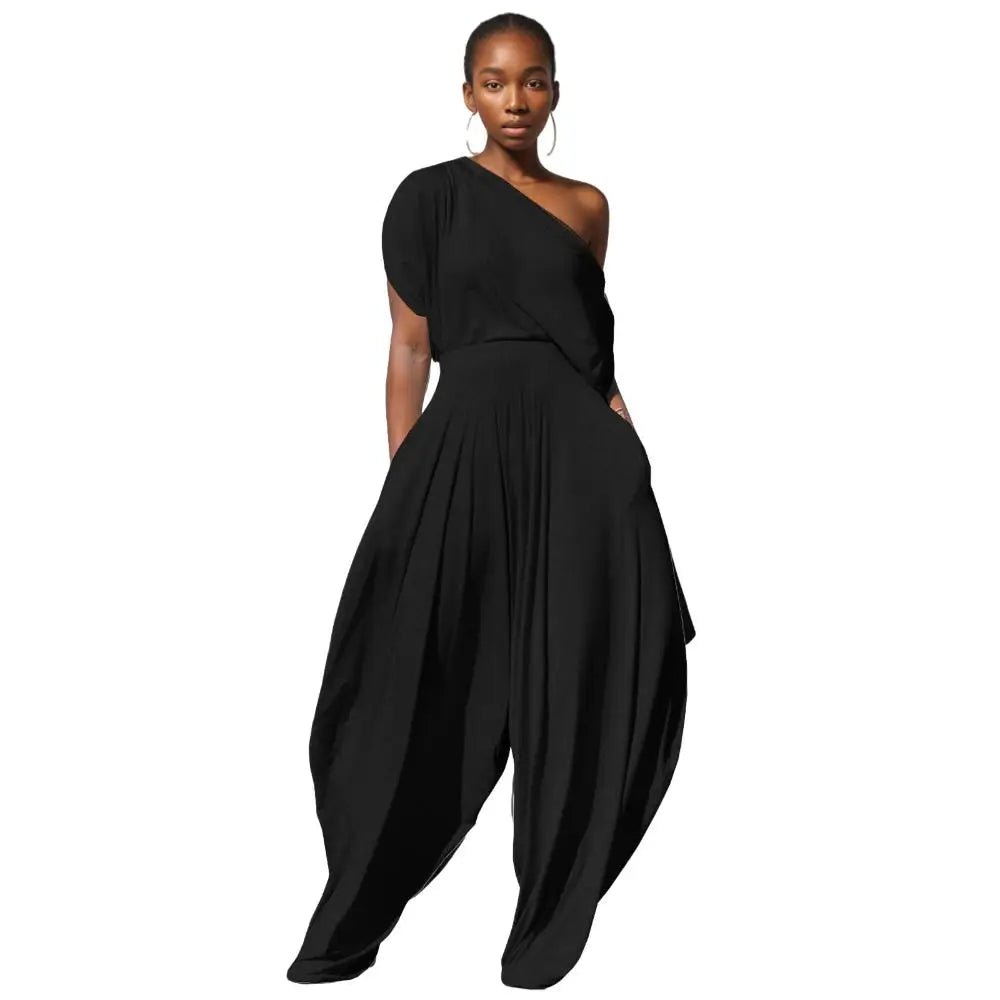 One Shoulder Top Solid Colour Women 2 Piece Pants Set Wide-Legged Palazzos
