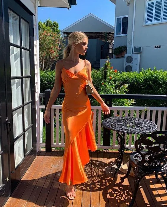 Orange Spaghetti Straps Ruffle Long Party Dress,DP1853 Glittery Long Formal