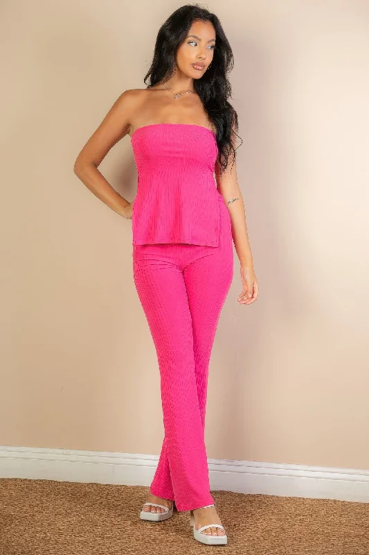 Ribbed Side Slit Bandeau Top & Flare Pants Set Soft Stretch Trousers