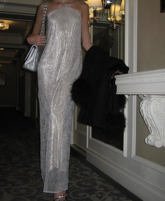 Shiny Sliver Halter Long Prom Dress Evening Party Dress,DP1706 Tunics Velvet soft