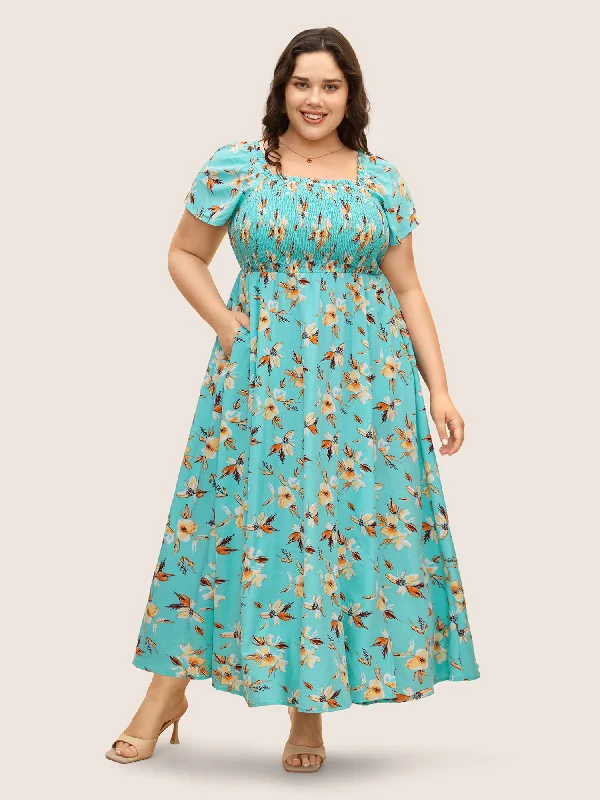 Floral Shirred Elastic Waist Split Hem Dress Tunics Satin smooth