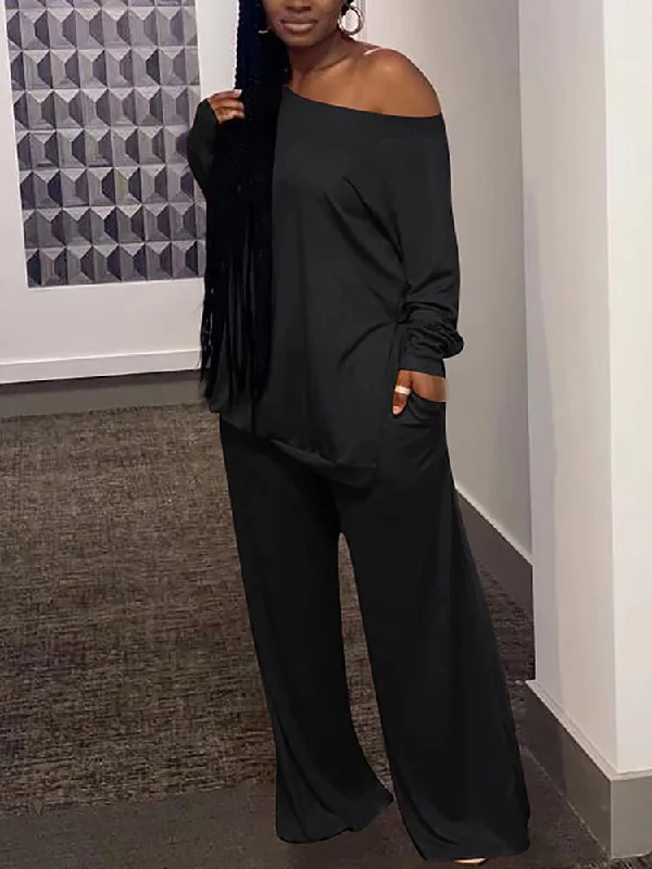 Two Piece Off Shoulder Tops & Long Pants Slim-Fit Khaki Pants