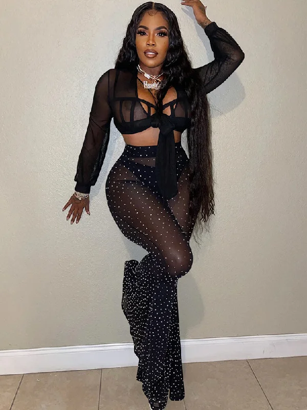 Three Piece Mesh Rhinestone Patchwork Pants Suit Chic Slim Fit Pants