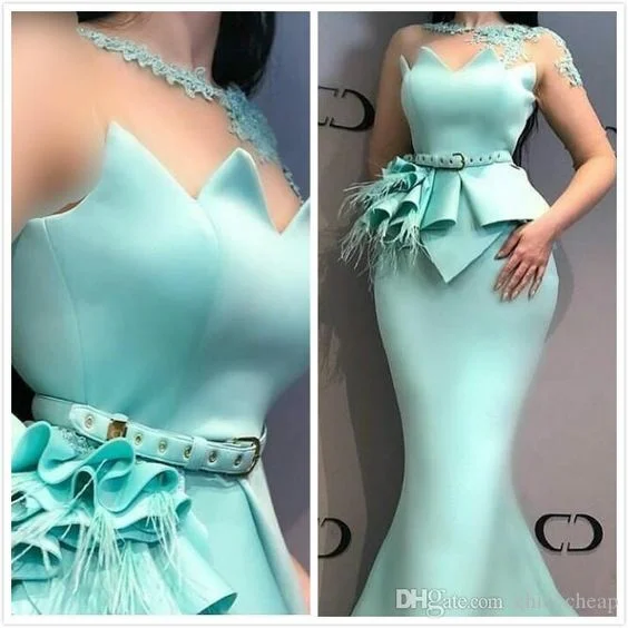 turquoise blue evening dresses long feather mermaid modest elegant formal party dresses 2021 Tunics Office stylish