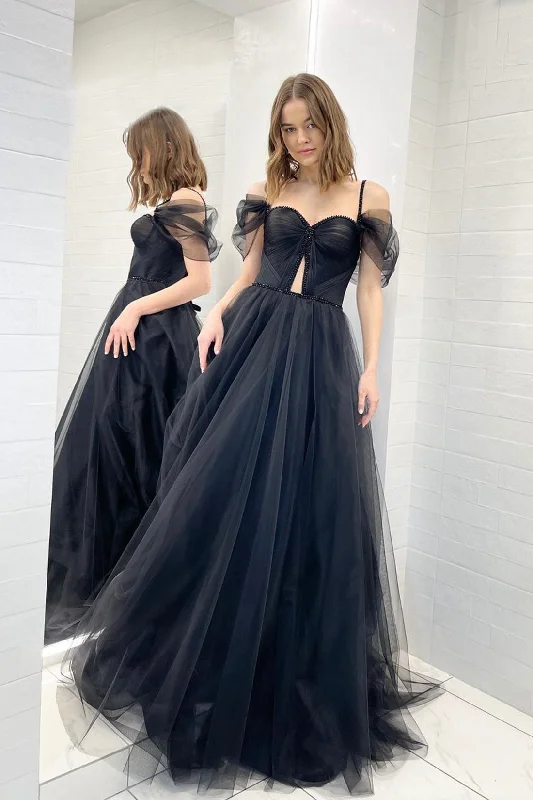 Romina | Black Tulle Sweetheart Floor Length Prom Dress, Black Tulle Off Shoulder Evening Dress Tunics Sophisticated sleek