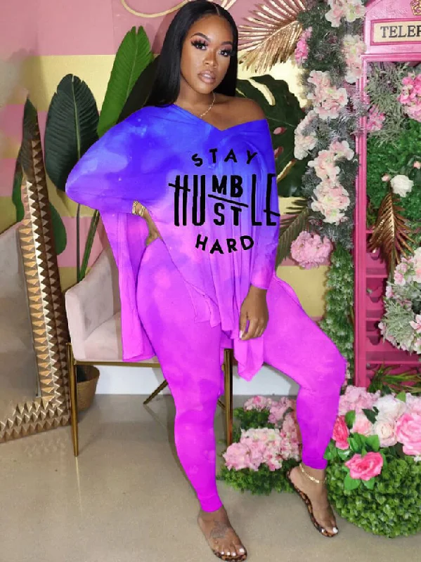 Two Piece Tie Dye Letter Print Tops & Bodycon Pants Classic Pleated Pants
