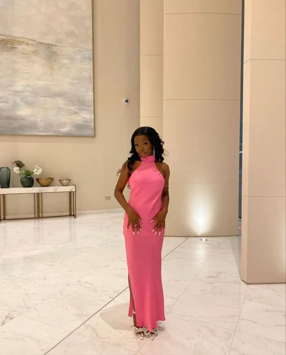 Pink Halter Black Girl Wedding Gueat Dress Long Party Dress with Slit,DP1805 Shift Classic Vintage Pink Halter Black Girl Wedding Gueat Dress Long Party Dress with Slit,DP1805 Shift Classic Vintage