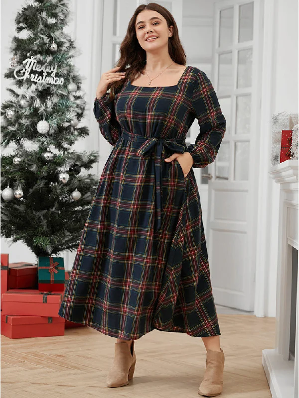 Plaid Lantern Sleeve Pocket Belted Square Neck Dress Tunics Satin smooth
