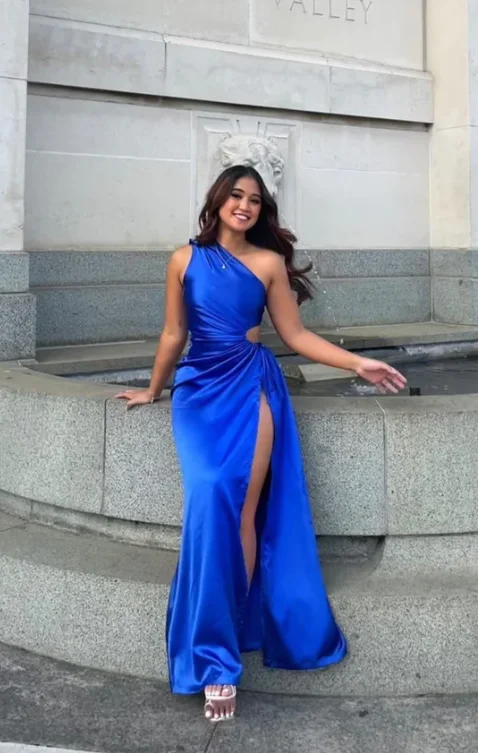 Royal Blue One Shoulder Satin Cut Out Party Dress with Slit, DP2333 Tunics Gym athletic