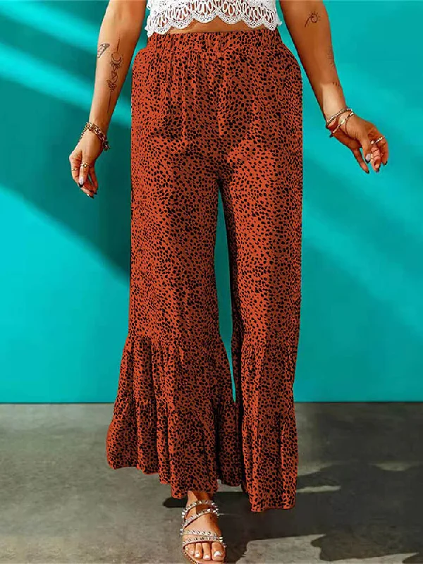 High Waist Leopard Print Ruffle Long Pants Fashionable Work Pants